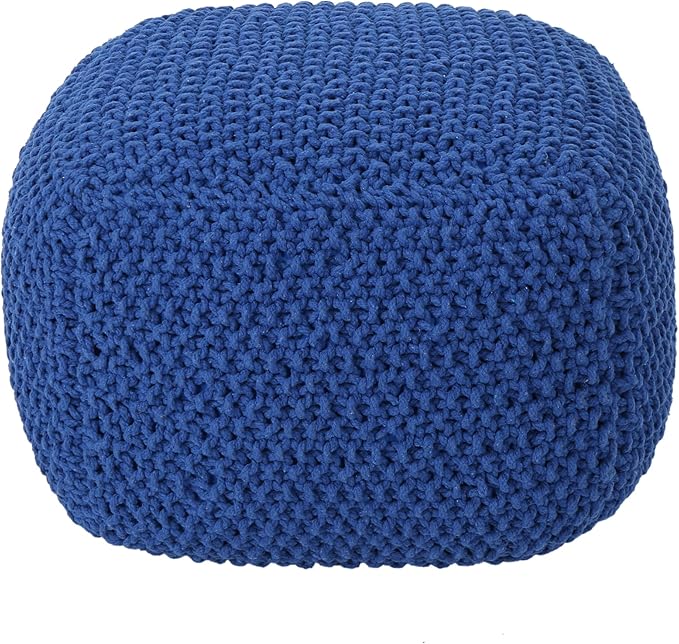 Handcrafted Knitted Cotton Round Pouf - 20x20, Modern Design, Soft and Comfortable, No Assembly, Home Decor, Knit Ottoman, Boho Floor Pouf for Living (Navy)