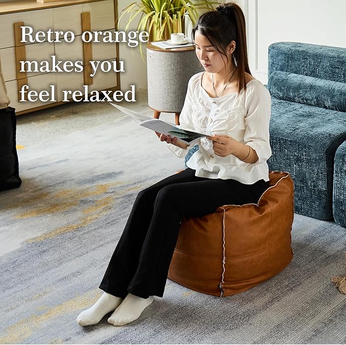 Pouf Ottoman, Unstuffed Pouf Cover, Handmade Faux PU Leather Moroccan, Orange Brown 17.7" Square, Foot Rest for Living Room, Floor Chair Gifts for Men Women, (Only Cover)