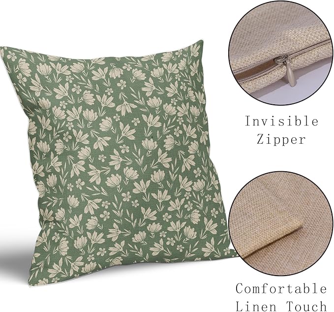 Spring Sage Green Pillow Covers 24x24 Set of 2 Vintage Floral Rustic Old Style Cute Flower Print Decorative Outdoor Pillowcases Seasonal Farmhouse Throw Cushion Case Decor for Couch Sofa Bed