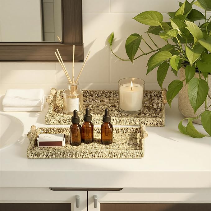 Household Essentials Handwoven Seagrass Rectangular Tray Set with Wood Handles, Natural, Set of 2