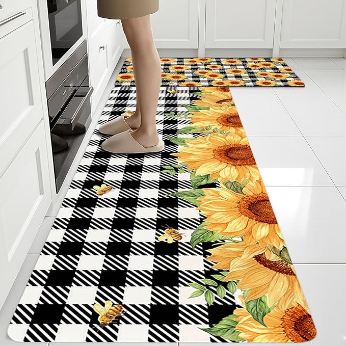 Sunflower Rugs for Kitchen Floor, Anti Fatigue Mats for Kitchen Floor Non Slip, 2PCS Rubber Kitchen Mat, Farmhouse Washable Cushioned Carpet Rug for Sink Laundry 5.7"×27.5" +15.7"×47" Black and White