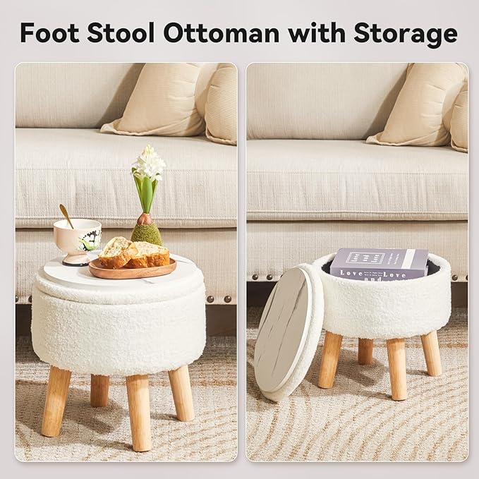 IBUYKE 13 Inch Foot Stool Ottoman with Storage, Round Small Foot Rest with Padded Seat and Wood Legs, Teddy Velvet Mini Footstool for Living Room Couch Bedroom Entryway, Cream WBD006W