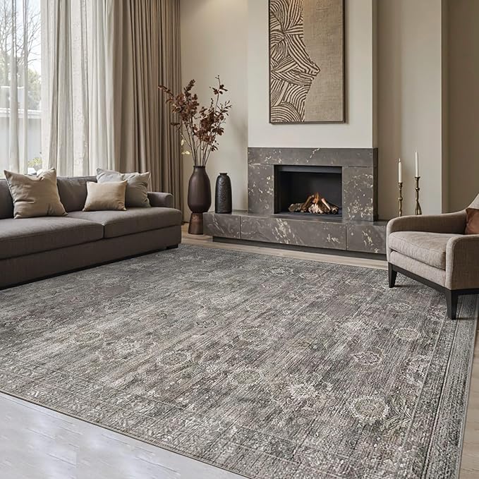8x10 Area Rugs for Living Room, Large Washable Rug, Grey Vintage Retro Boho, Non Slip & Low Pile Faux Wool Carpet for Indoor Dining Room and Bedroom