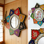 Octagon Sunburst Wall Mirror - Colorful Geometric Boho Circle Mirror Art, Small Decorative Vintage Accent for Living Room Decor, Wood & Acrylic（2D Printed）