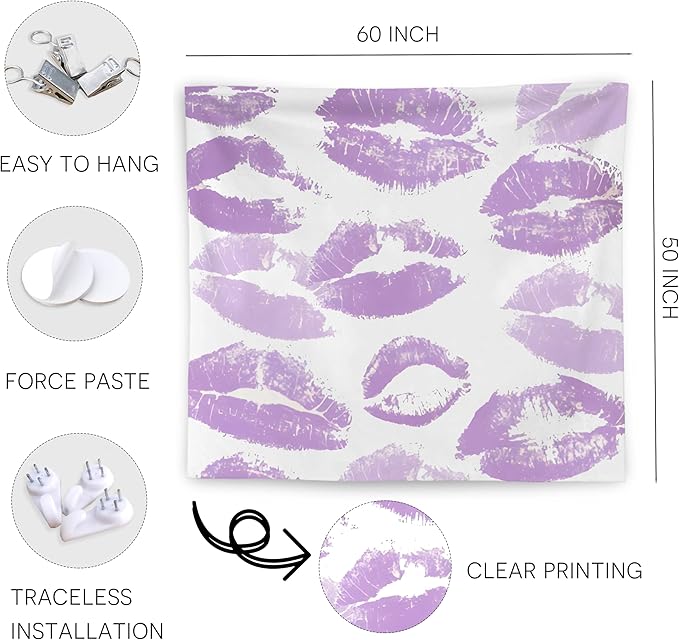 WNAGT Trendy Black and White Kiss Lips Tapestry Wall Hanging, Funky Makeup Wall Decor, Fashion Aesthetic Wall Blanket Decor for Girls Room College Dorm Makeup Room Beauty Room, 50x60 Inch
