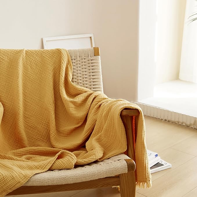 Simple&Opulence Cotton Muslin Throw Blanket 4 Layers for Bed, Couch, Woven Gauze Blanket with Tassels, Soft Lightweight Cozy Pre-Washed Breathable Farmhouse Decoration for All-Season(Yellow)