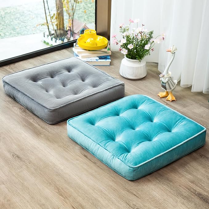 Floor Pillow Set of 2, Memory Foam Meditation Cushion, Floor Cushions for Adults Sitting, Large Square Seat Cushions for Yoga, Couch, Sofa, Kids, Living Room, 20x20 Inch (Blue)