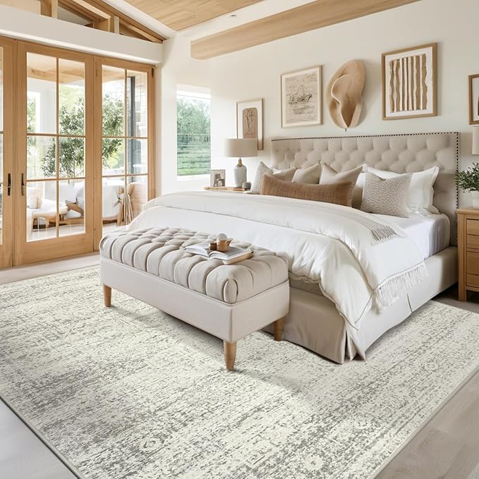 Washable Rugs 5x7 Area Rugs for Living Room,Bedroom,Dining Room- Large Ultra Soft Faux Wool Retro Carpets,Non Slip&Non-Shedding Low Pile Vintage Print Rug for Home Office Decor-Beige