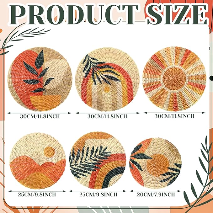 Xuhal 11 Pcs Boho Hanging Wall Basket Decor Handmade Woven Basket Wall Decorative Boho Wicker Baskets Placemats Round Farmhouse Bulrush Art for Rustic Home Decorations Christmas Gift(6 Pcs,Bright)