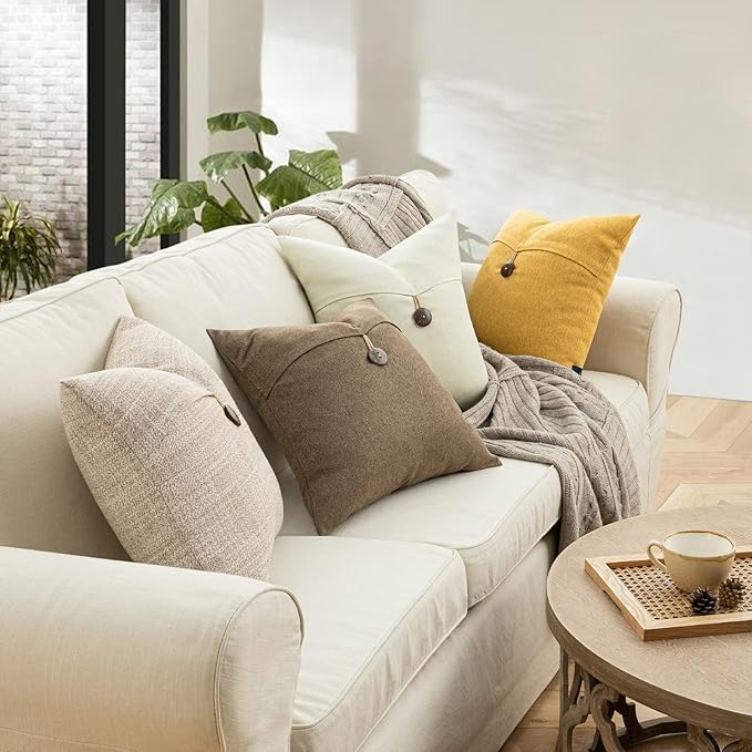 Phantoscope Pack of 2 Farmhouse Throw Pillow Covers Button Vintage Linen Decorative Pillow Cases for Couch Bed and Chair Off White 20 x 20 inches 50 x 50 cm