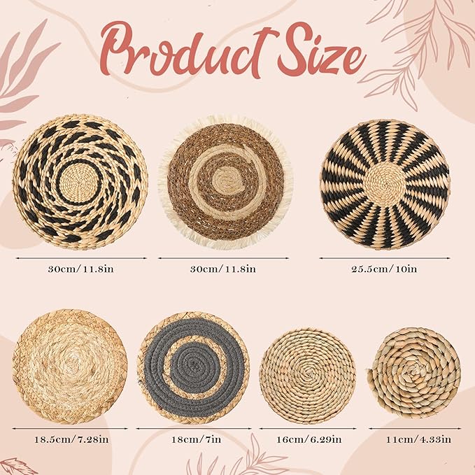 7 Pcs Boho Wall Basket Decor Decorative Hanging Woven Wall Basket Decor Round Farmhouse Hanging Baskets Handmade Woven Baskets Walls Decorative for Kitchen Rustic Home Summer Decorations