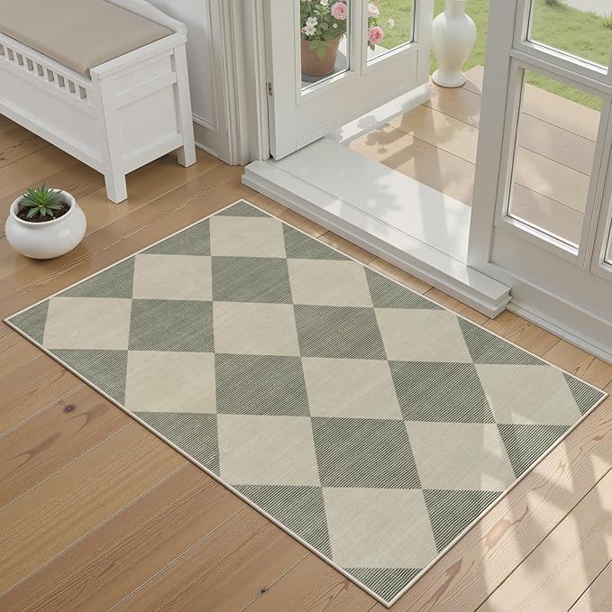 Beeiva Checkered Washable Entryway Rug 2x3, Non Slip Ultra Thin Green Front Door Mat Indoor Entrance Low Pile Small Kitchen Rug, Moroccan Contemporary Decor Neutral Accent Carpet for Bedroom Bathroom