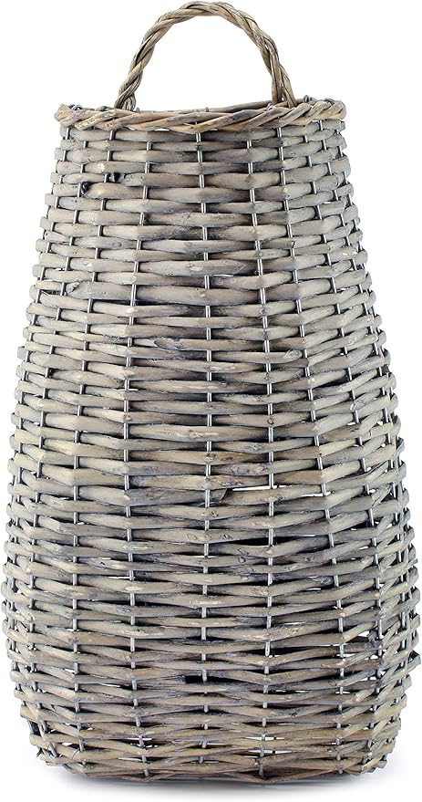 AuldHome Design Wall Hanging Pocket Basket; Woven Wicker Rustic Farmhouse Gray Washed Long Basket; 17 x 9 x 5 Inches