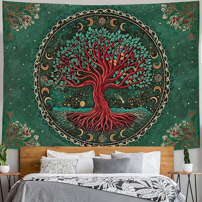 Accnicc Tree of Life Tapestry Green Nature Floral Plant Moon Phase Tapestries for Bedroom Aesthetic Hippie Boho Mandala Celestial Large Tapestry Wall Hanging for Dorm Living Room Decor 80 x 60 Inch
