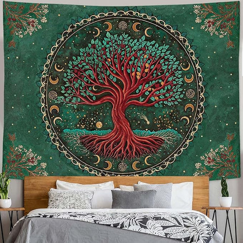 Accnicc Tree of Life Tapestry Green Nature Floral Plant Moon Phase Tapestries for Bedroom Aesthetic Hippie Boho Mandala Celestial Large Tapestry Wall Hanging for Dorm Living Room Decor 80 x 60 Inch