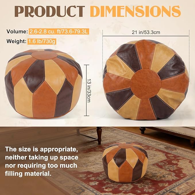 Bohemian Stuffed Moroccan Leather Pouf Ottoman with Storage, Handmade Round Multi-Use Footstool Ottoman for Living Room, Bedroom, Morrocan Leather Pouf Moroccan Pouffe, Bohemian Home Decor