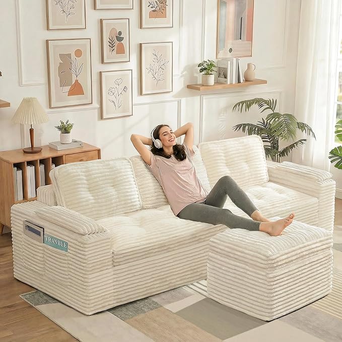23.6in Pouf Ottoman, Corduroy Ottoman Foot Rest with Dual‑Layer Support, Large Poofy Pouf with Soft Chunk‑Foam Top & Firm Foam Base, Floor Foot Stool for Living Room, Beige