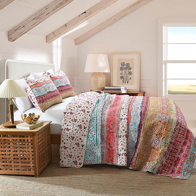 Boho Style King Quilt Set Reversible Bohemian Floral Strip Quilt Beddding Set, Soft and Lightweight Bedspread for All Season, Oversize King Bed Coverlet with 2 Matching Pillow Shams (3 Pieces)