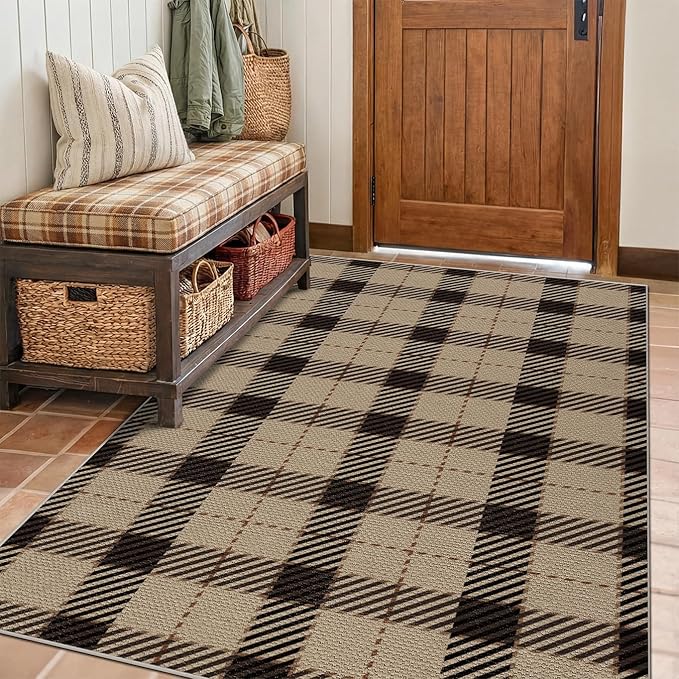 Easy Jute Neutral 4x6 Rugs for Large Entryway, Buffalo Plaid Outdoor Mat for Front Porch, Washable Rugs for Indoor Outdoor Area, Bedroom Bedside, Small Living Room, Non Slip Black and Brown Décor