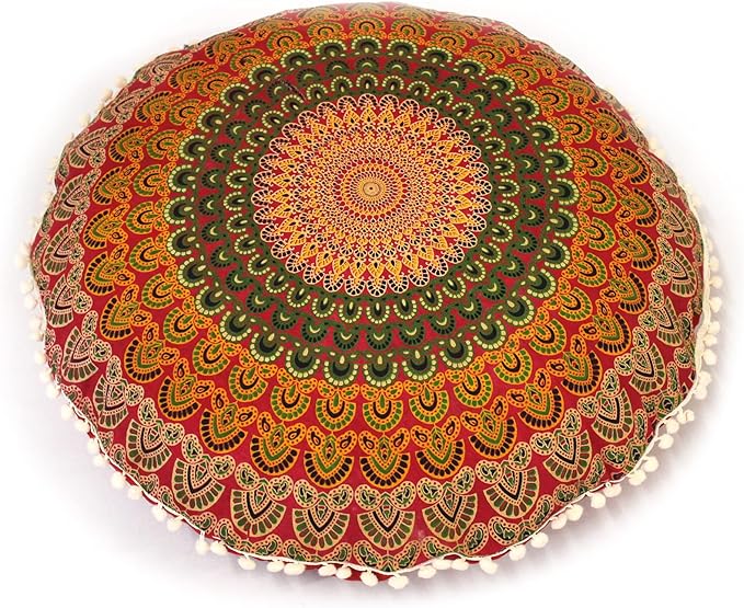 CRAFT KALA 22" Round Mandala Boho Pillow Cover Meditation Room Seating Poufs Cover for Living Room Yoga Room Home Bedroom Balcony Garden Party Decoration Cotton Floor Cushion Cover (Red Yellow)