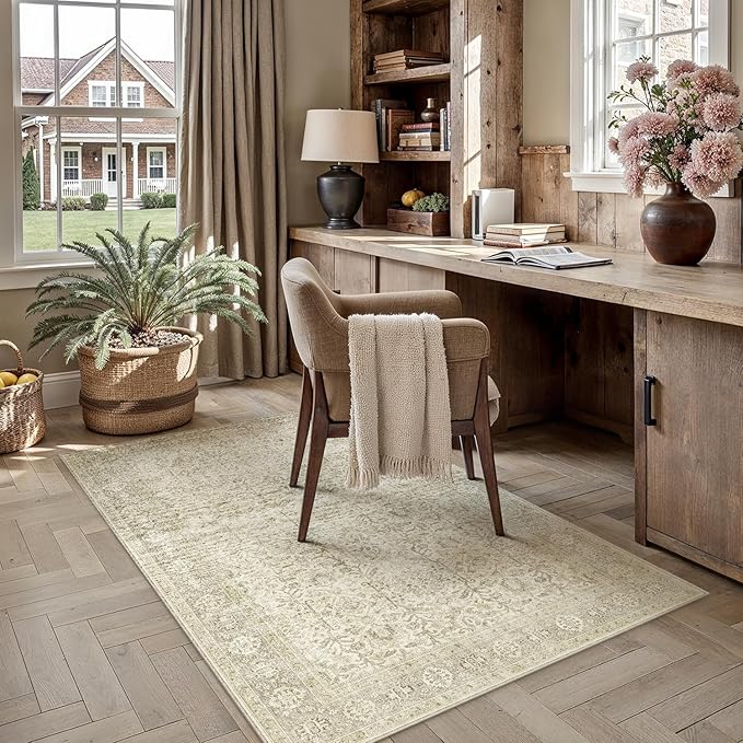 Vintage Area Rug 4x5 Beige Entryway Office Washable Carpet Non Slip Bedroom Indoor Living Room Door Mat Low Pile Traditional Distressed Retro Accent Rug for Dining Room Bathroom Kitchen