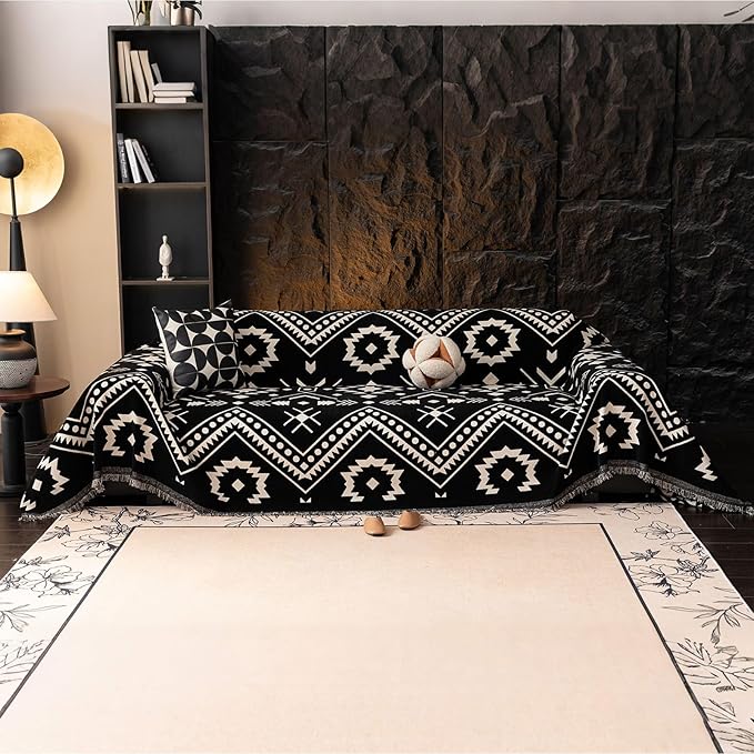 VClife Extra Large Couch Cover for Oversize Sofa Bohemian Sofa Slipcover, Aztec Geometric Chenille Sofa Cover Washable White Black Tribal Pattern Couch Protector Futon Cover 71" X 150"