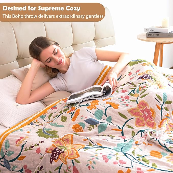 Boho Throw Blanket, 100% Organic Cotton Breathable Ultra Soft 91" x 108" King Bed Quilt Throw - All Season Floral Rustic Farmhouse Decor Luxury Blanket for Sofa Couch Chair and Gift