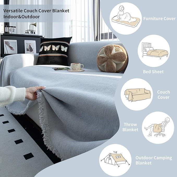Durable Couch Cover Blanket, Sofa Blanket Cover Washable, Oversized Couch Cover Pet Friendly, Chenille Sofa Cover Blanket for 2-3 Cushions Sofas Solid Color(71"x 118"/Light Grey/1pc)