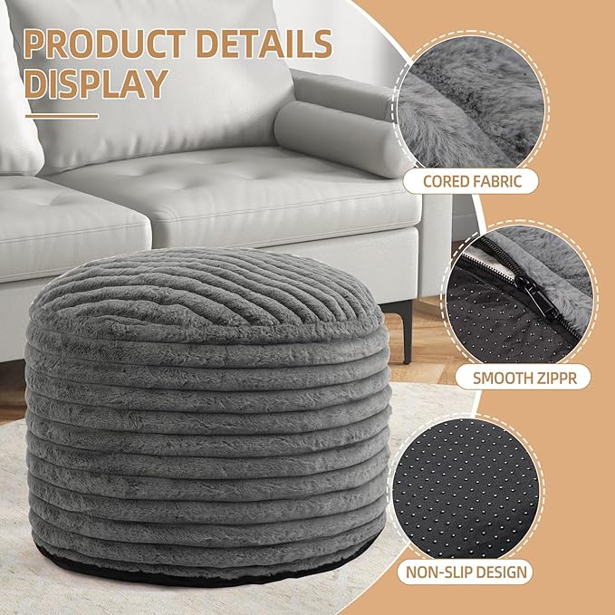 Round Stuffed Pouf Ottoman Foot Rest for Couch Round Ottoman with Foam Chunk Filling Stripe Faux Fur Ottomans for Living Room Floor (20"x15",Dark Grey)