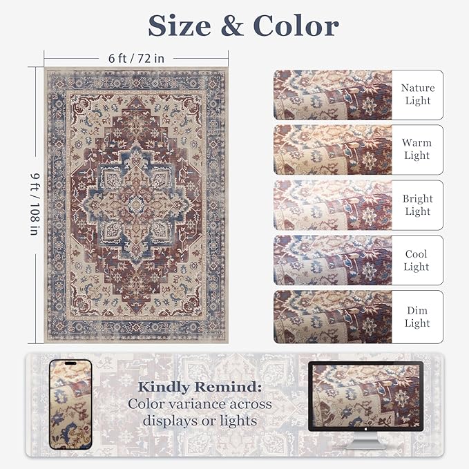 Maroon Blue Living Room Rug 6x9, Washable Non Slip Transitional Distressed Medallion Rug for Dining Room Under Table, Modern Vintage Low Pile Thin Carpet Rugs for Den Bedrom Home Office