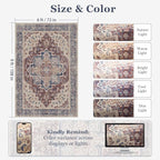 Maroon Blue Living Room Rug 6x9, Washable Non Slip Transitional Distressed Medallion Rug for Dining Room Under Table, Modern Vintage Low Pile Thin Carpet Rugs for Den Bedrom Home Office