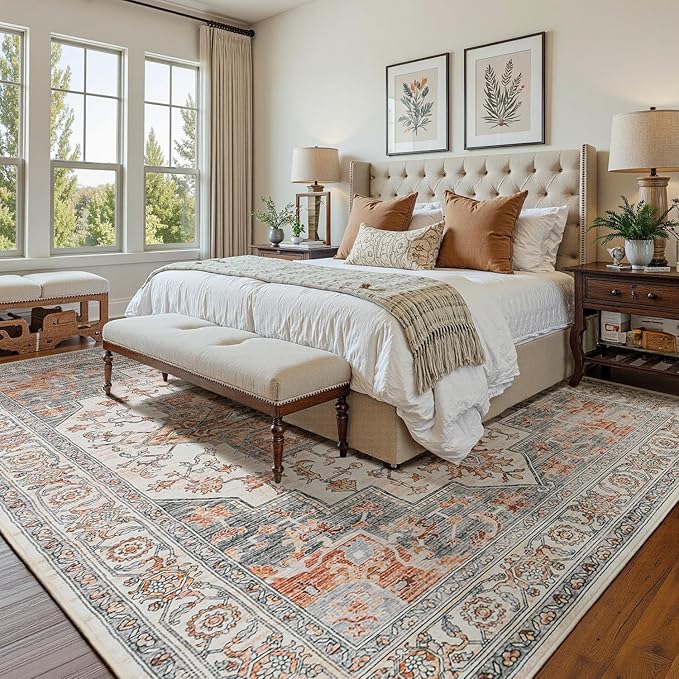Lessymo 8×10 Area Rugs Washable for Living Room, Large Soft Indoor Rug Non-Slip for Bedroom Kitchen Dining Room Dorm Nursery, Vintage Boho Carpet Stain Resistant for Office Home Decor, Orange/White
