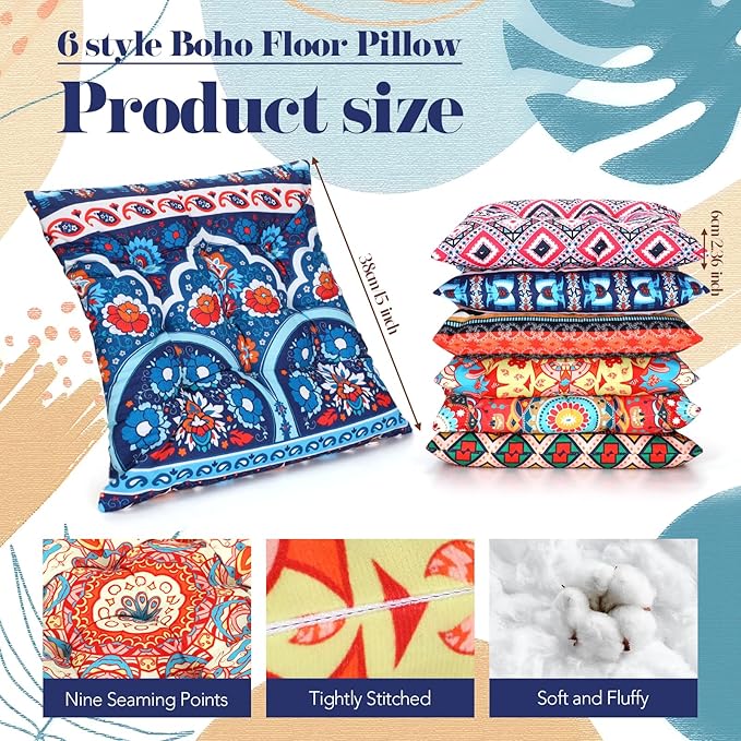 Menkxi 6 Pcs Bohemian Floor Pillows Seating 15 Inch Boho Floor Cushions Sitting Pillows Square Yoga Mandala Meditation Pouf for Living Room Balcony Office Tatami(Classic)