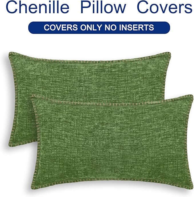 CaliTime Throw Pillow Covers Decorative 12 X 20 Inches Pack of 2 Cotton Thread Stitching Edges Solid Dyed Soft Chenille Cushion Cases for Couch Sofa Bed Living Room Farmhouse Forest Green