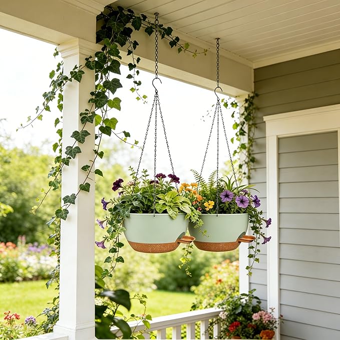 12 Inch Self Watering Hanging Planters 2 Pack, Indoor Outdoor Hanging Pots for Plants with Drainage Holes & Saucers, Green Brown Plastic Hanging Baskets for Kitchen Balcony Garden