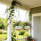 12 Inch Self Watering Hanging Planters 2 Pack, Indoor Outdoor Hanging Pots for Plants with Drainage Holes & Saucers, Green Brown Plastic Hanging Baskets for Kitchen Balcony Garden