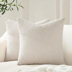Topfinel 26x26 inches Euro Pillow Covers Set of 2 Cream White Corduroy Decorative Throw Pillow Covers for Bedroom Living Room, Windmill Textured Striped Patchwork Couch Pillow Covers 65x65 cm