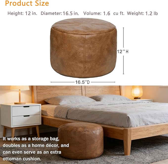 Thgonwid Unstuffed Faux Leather Pouf Cover, Handmade Footstool Ottoman Storage Solution, Floor Footrest Cushion - 16.5”Dx12”H, Mocha
