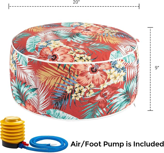 Outdoor/Indoor Inflatable Ottoman Pouf D20 xH9, All Weather Round Footstool with Foot Pump, Water Repellent Portable Footrest with Handle for Patio Garden Camping Travel-Chili Red Floral