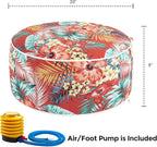 Outdoor/Indoor Inflatable Ottoman Pouf D20 xH9, All Weather Round Footstool with Foot Pump, Water Repellent Portable Footrest with Handle for Patio Garden Camping Travel-Chili Red Floral