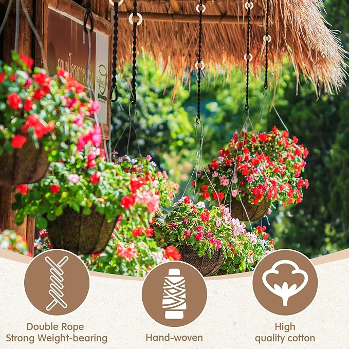 6 Pack Adjustable Macrame Plant Hanger Extender Handmade Woven Hanging Basket Extenders Connectable Rope Hanging Extension with Wooden Ring for Indoor Outdoor Plant Pot Holder(Black)