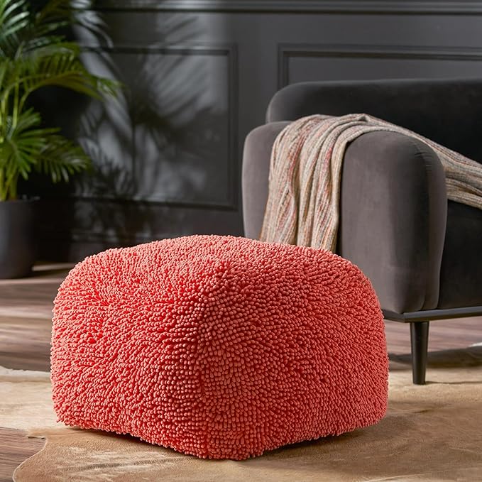 Foamma Pouf Ottoman 20" 20"x14", Coral - Square Ottoman Foot Rest for Living Room and Bedroom, Spongy Pouf Footstool with Microfiber Chenille Cover, Foot Rest for Couch with Removable Cover