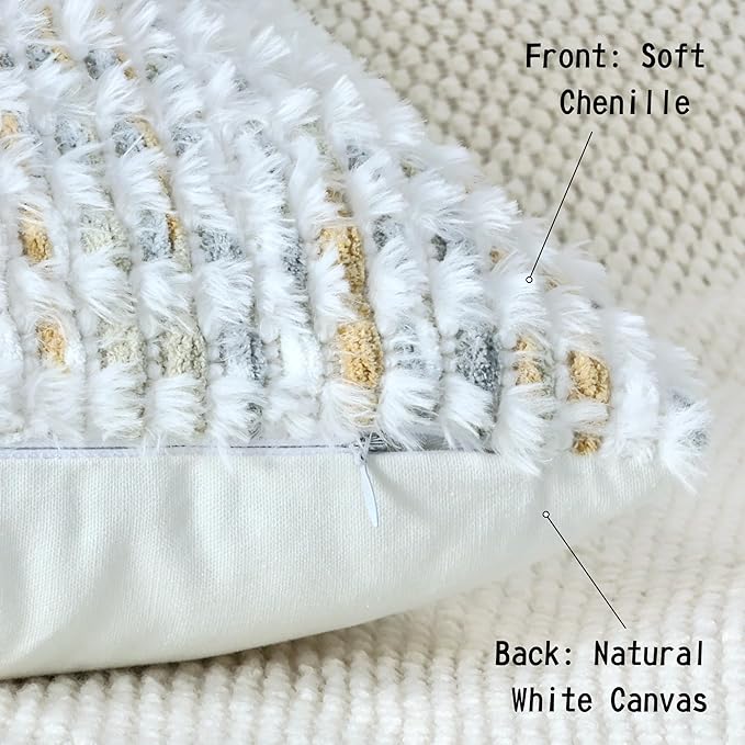 Boho Chenille Tufted Pillow Cover 18x18 Inch Set of 1, Farmhouse Striped Decorative Pillow Covers Accent Fluffy Neutral Square Pillowcases for Couch Sofa Bedroom Living Room, Gray Khaki