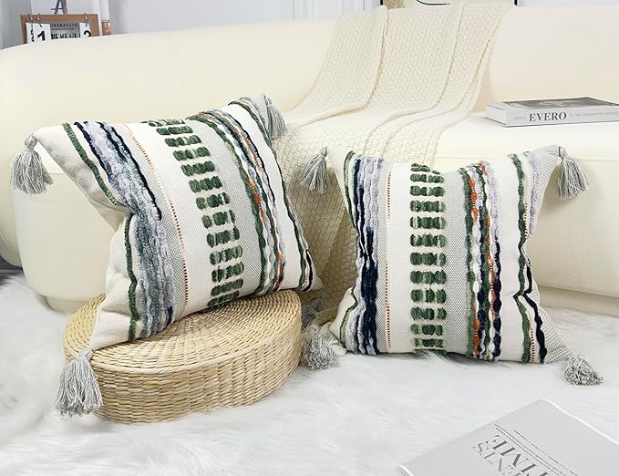Boho Throw Pillow Covers 16x16 Aesthetic Neutral Boucle Couch Pillow Cover Rainbow Striped Decorative Accent Pillow Case for Couch Bed Sofa Farmhouse Bedroom,Modern Funky,Set of 2 Sage Green