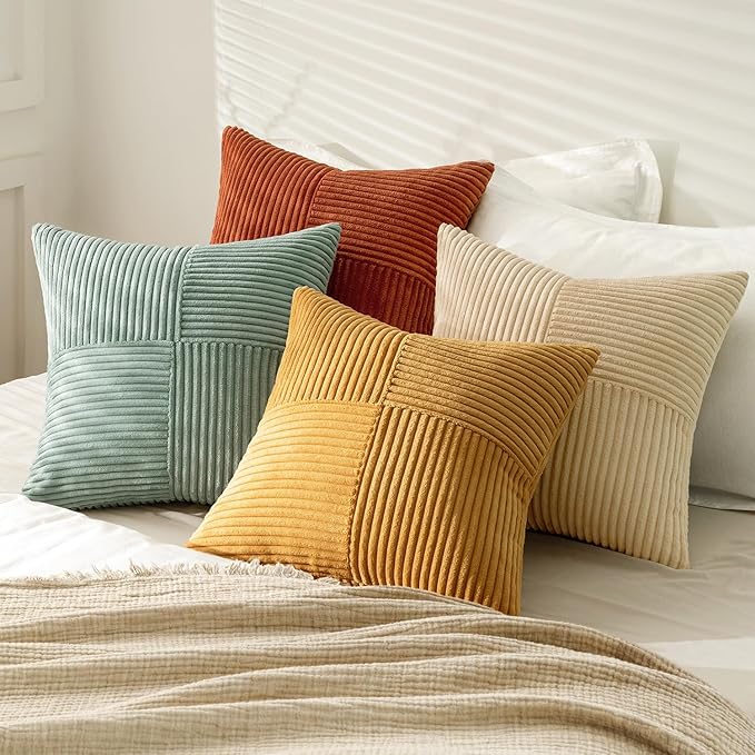 MIULEE Teal-Orange Decorative Throw Pillow Covers 22x22 Inch Set of 4 Boho Corduroy Striped Cushion Cases Modern Farmhouse Patchwork Pillow Cases for Couch Sofa Bedroom Home Decor