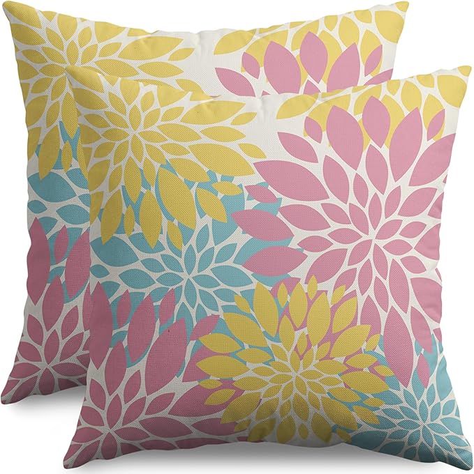 Spring Pillow Covers 16X16 Inch Set of 2, Yellow Pink Blue Colored Floral Colorful Easter Themed Flower Decorative Throw Pillow Covers Outdoor Farmhouse Cushion Case for Couch Sofa Bed Decor