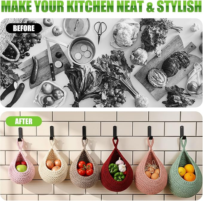 Honeydak 6 Pack Boho Hanging Wall Baskets for Kitchen Teardrop Hanging Fruit Vegetable Baskets with 6 Hooks, Home Onion Net for Fruits Vegetable Potato Storage, 6 Sizes(Colorful)