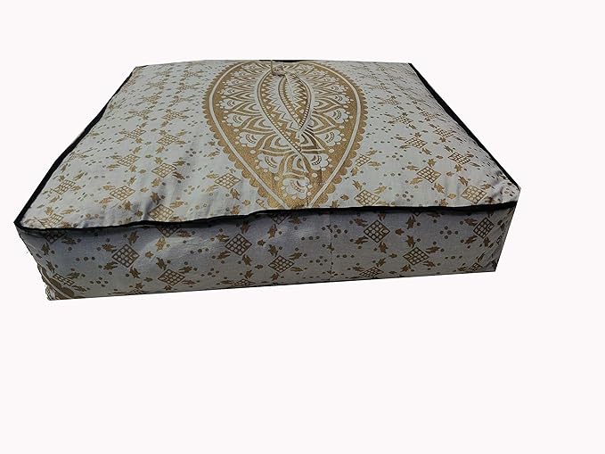Gold Mandala Barmeri Large Floor Pillow Cover Cushion Meditation Seating Ottoman Throw Cover Hippie Decorative Zipped Bohemian Pouf Ottoman Poufs, Pom Pom Pillow Cases (White Gold, 24" Square)