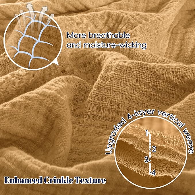 PHF 100% Cotton Muslin Throw XL Blanket Large 50" x 70", 4-Layer Lightweight Gauze Throw, Breathable Cloud-Soft Minimalist Blanket for Bed, Couch, Camping & Baby, Amber, Ideal Gift