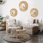 3 Pcs Boho Raffia Mirror Wall Hanging Decor 15.8 Inch 11.8 Inch Rustic Round Boho Circle Mirrors with Wood Bead Farmhouse Aesthetic Nursery Mirrors for Bedroom Living Room Bathroom Wall Decor